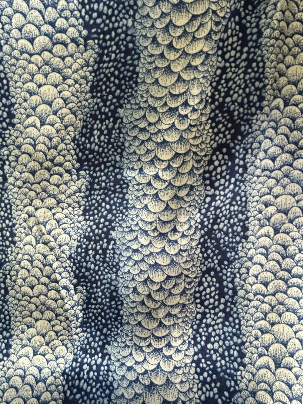 Women’s Navy Blue Faux Silk Fish Scale / Snake Print Scarf with Fringe